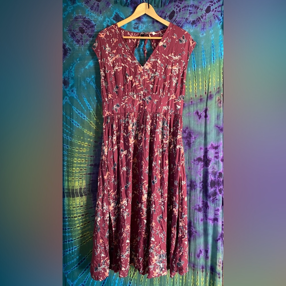Roxy Burgundy/Pink Fit and Flare V-Neck Midi Dress- Women’s- Large